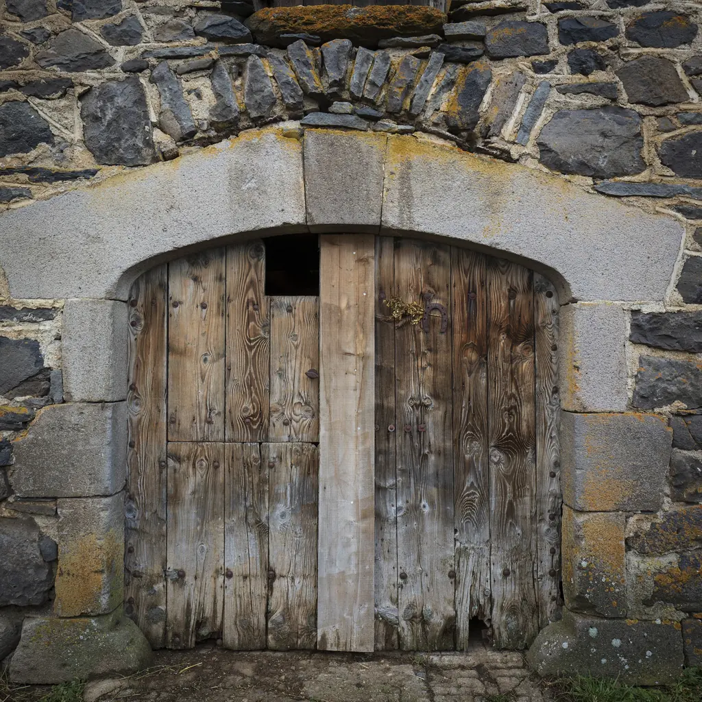 Ancienne porte en bois de la grange traditionnelle en pierre de taille de la Ferme du Graillou, Cézens, Cantal