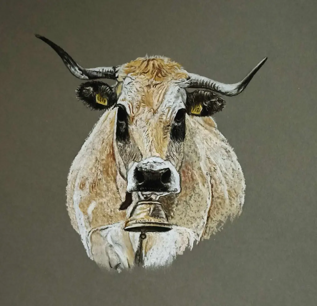 Portrait artistique d'une vache Aubrac avec clochette – illustration représentant la race Aubrac élevée à la Ferme du Graillou